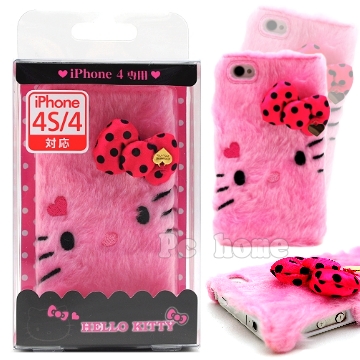 日本進口【Hello Kitty粉紅絨毛】iPhone4/4S硬式手機背蓋/殼