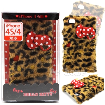 日本進口【Hello Kitty豹紋絨毛】iPhone4/4S硬式手機背蓋/殼