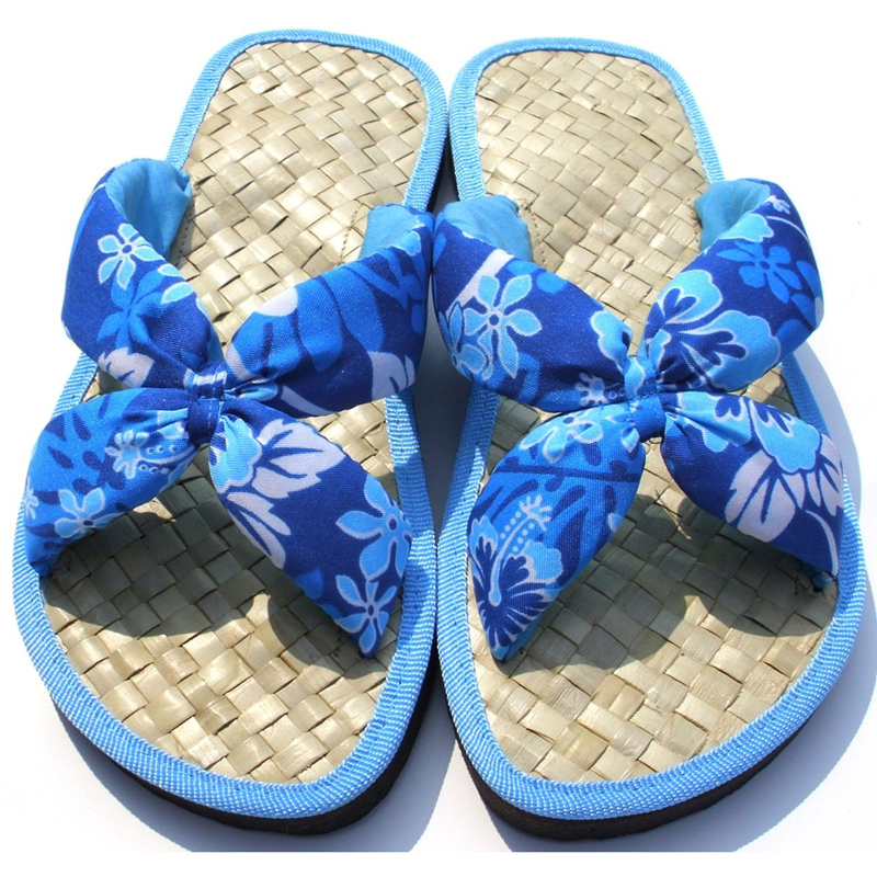 夏威夷風情手工草編拖鞋-藍色套式