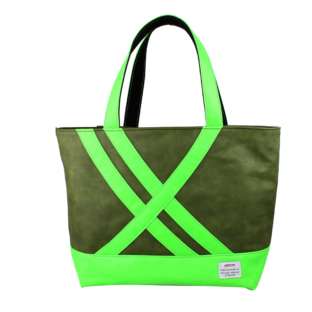 AMINAH-螢光綠皮革托特包.手提包-綠色