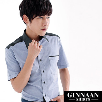 【GINNAAN 】奢華優質選短袖藍襯衫(黑領)