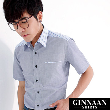【GINNAAN 】奢華優質選短袖灰襯衫(藍條領)