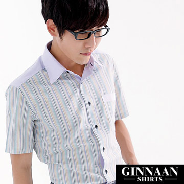 【GINNAAN 】奢華優質選短袖條紋襯衫(淡紫領)