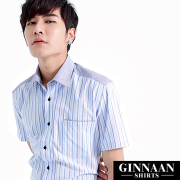 【GINNAAN 】奢華優質選短袖藍條襯衫(灰領)