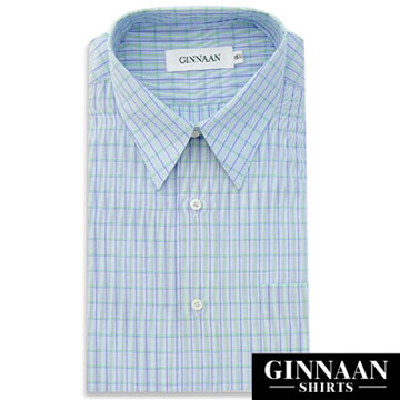 【GINNAAN】奢華優質選短袖襯衫(藍底螢光綠格紋)