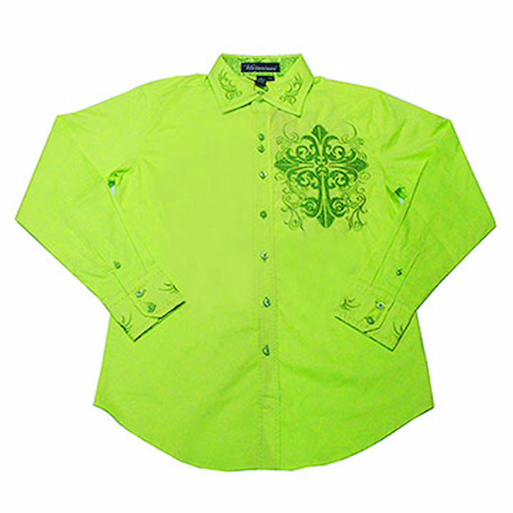 『摩達客』美國進口潮時尚設計【Victorious】徽章刺繡萊姆黃綠長袖襯衫