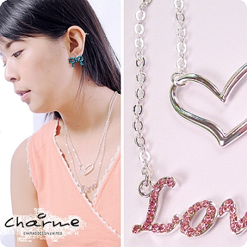 【Charme】粉晶愛心鏤空造型 雙鍊雙墜飾設計