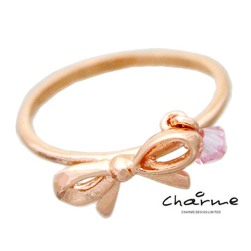 【Charme】 開運系~小蝴蝶結垂粉色水晶~玫瑰金 戒指