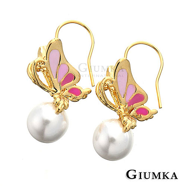 【GIUMKA】白K飾－蝶戀珍珠耳勾式耳環(粉蝶款) MF151-1