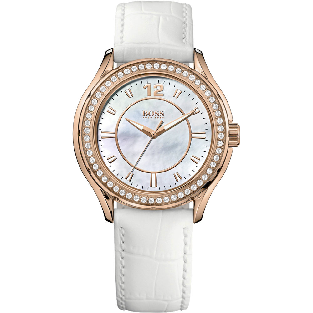 Hugo Boss 美麗翹佳人珍珠晶鑽腕錶(H1502265)-白/玫塊金