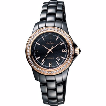 Diadem 黛亞登 菱格紋晶鑽陶瓷腕錶-黑x玫塊金 8D1407-551RGD-D