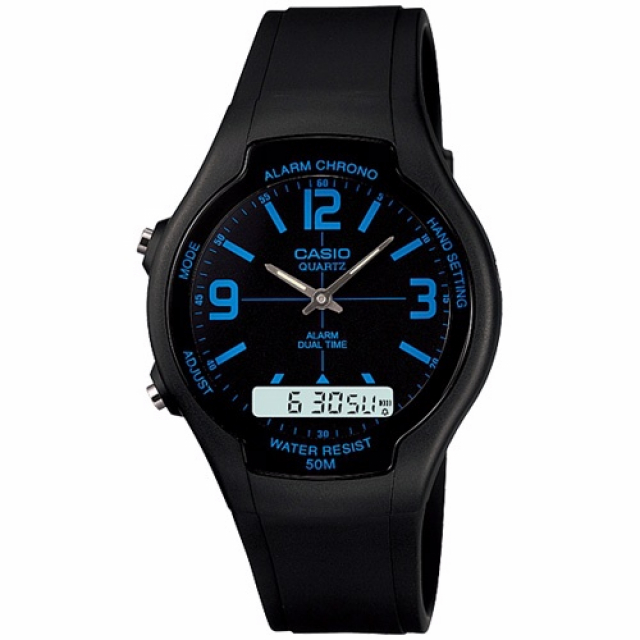 CASIO 經典雙顯示時尚錶-藍-AW-90H-2BVDF