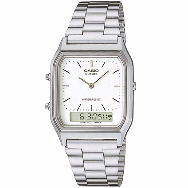 CASIO 時尚型男復古雙顯設計錶-銀白/29.5mm