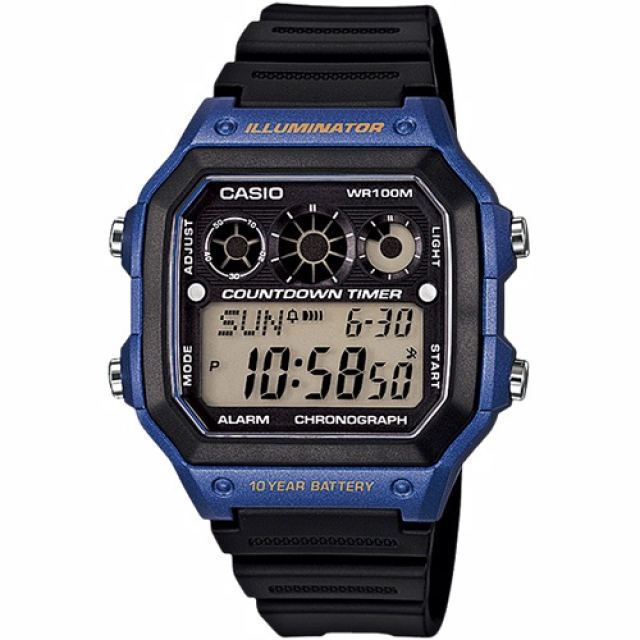 CASIO 復古撞色亮眼時尚腕錶-黑x藍-AE-1300WH-2A