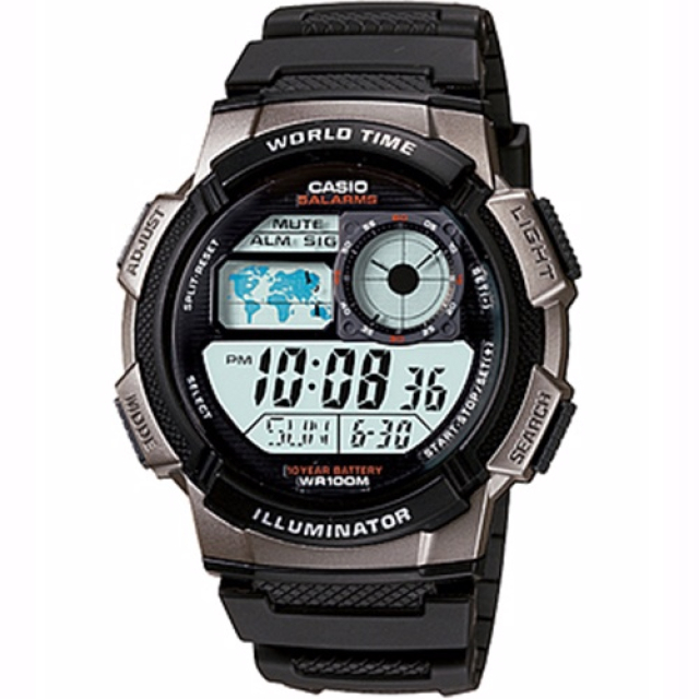 CASIO 世界時間數位電子錶-銀框/48.1mm