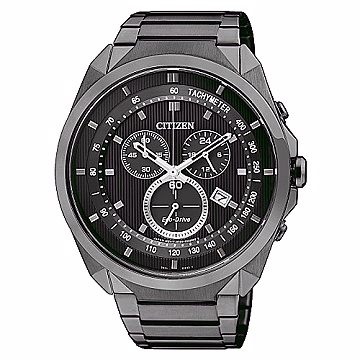 CITIZEN Eco-Drive 未來科技三眼計時大徑面腕錶/黑面黑鋼/AT2155-58E