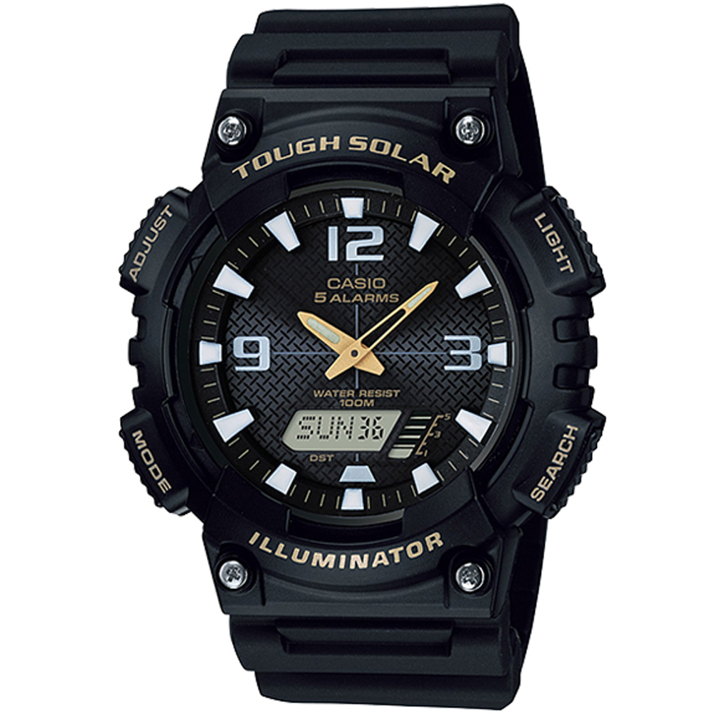 CASIO 環保太陽能數字雙顯設計腕錶-黑金/52mm