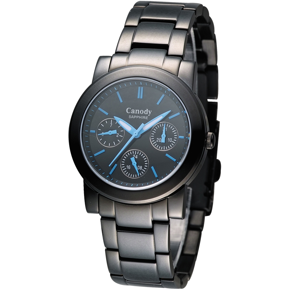 Canody 致命吸引三眼日曆腕錶(IP黑+藍針/34mm)_GB2585-1C