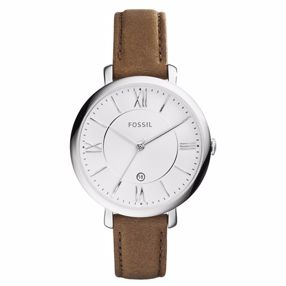 FOSSIL 網羅質感日期時尚腕錶-白x淺褐皮帶