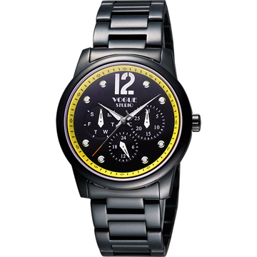 VOGUE 都會時尚藍寶石日曆腕錶-IP黑x黃/38mm(7V3834DY)
