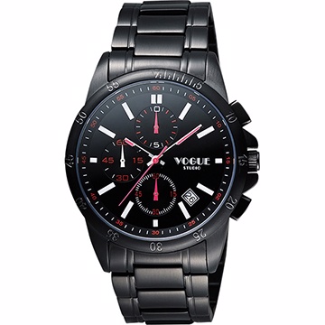 VOGUE 嶄新系列三眼計時腕錶-IP黑x紅白時標9V1407-251D-R