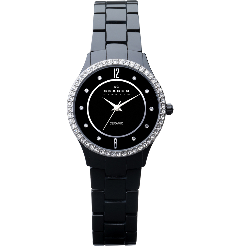 SKAGEN 超薄陶瓷晶鑽時尚腕錶-黑/31mm(347SBXBC)