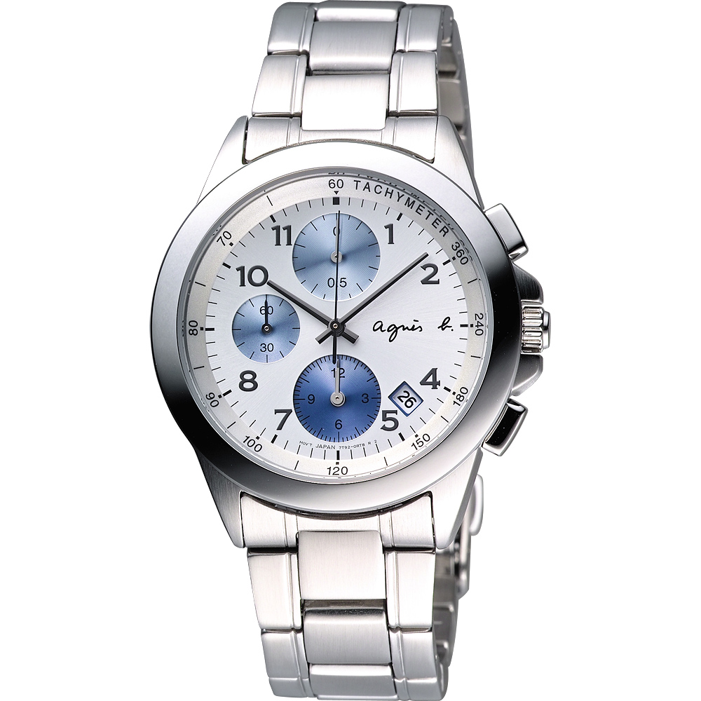 agnes b. 浪漫花漾法式計時腕錶-白x藍圈/39mm(BF8328P1)