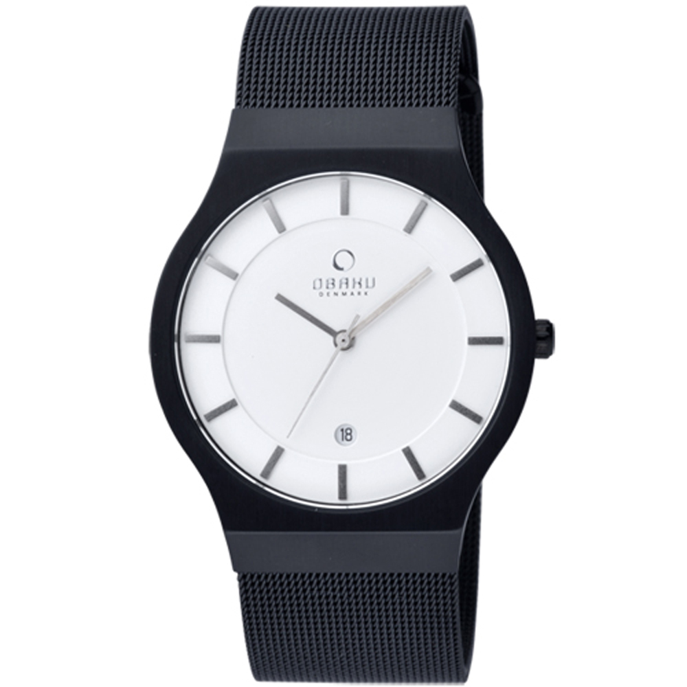 OBAKU 極簡時代優雅時尚腕錶(黑帶白面/大)