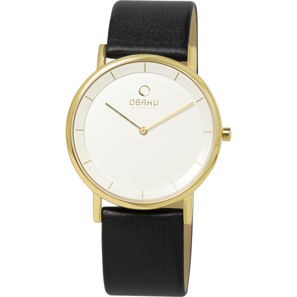 OBAKU 纖薄哲學二針時尚腕錶-黑帶金框白/皮帶
