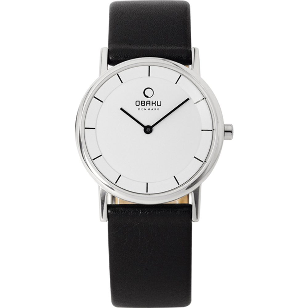 OBAKU 纖薄哲學二針時尚腕錶-黑帶銀框白/皮帶/小