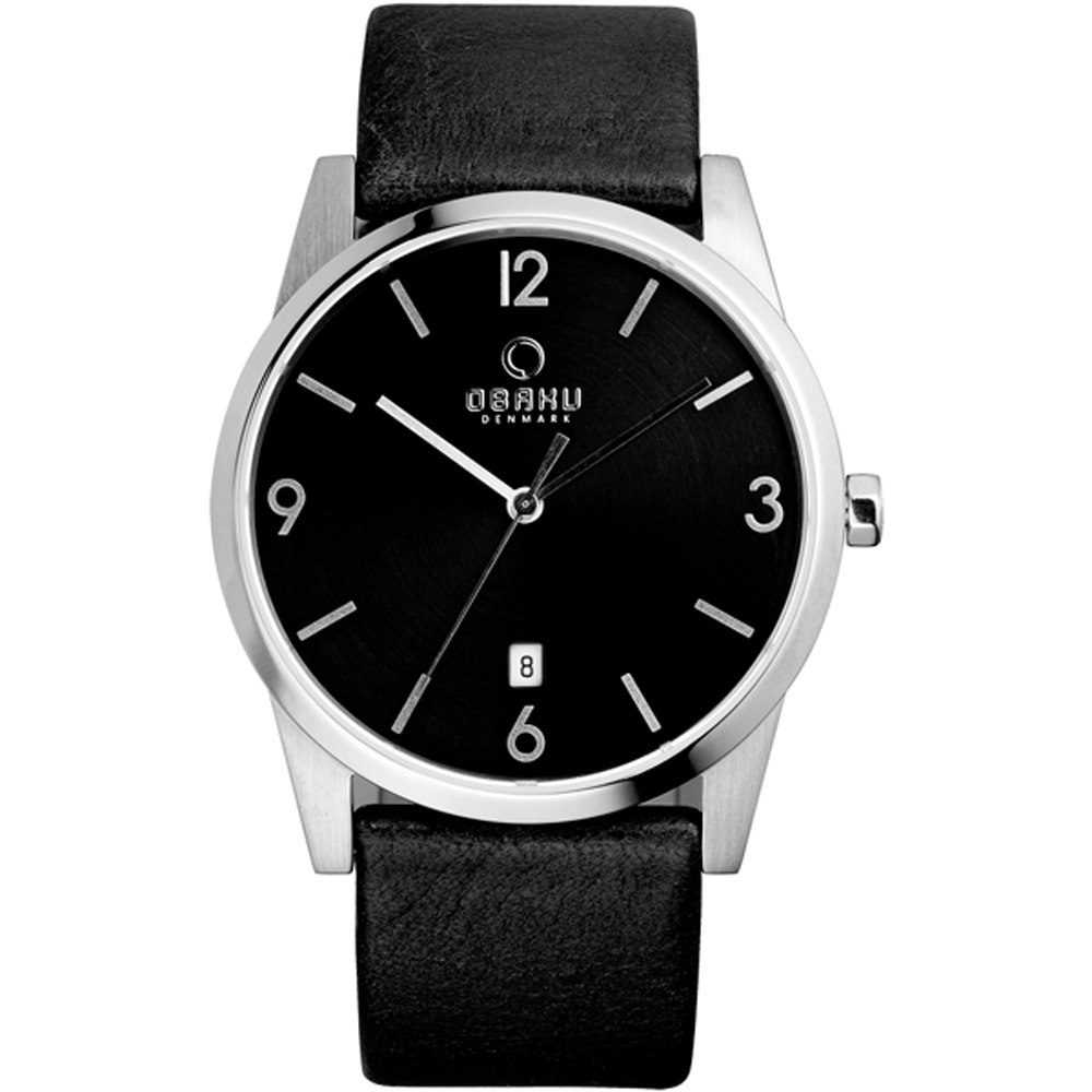 OBAKU 極致深焙簡約日期腕錶-銀框黑x黑帶