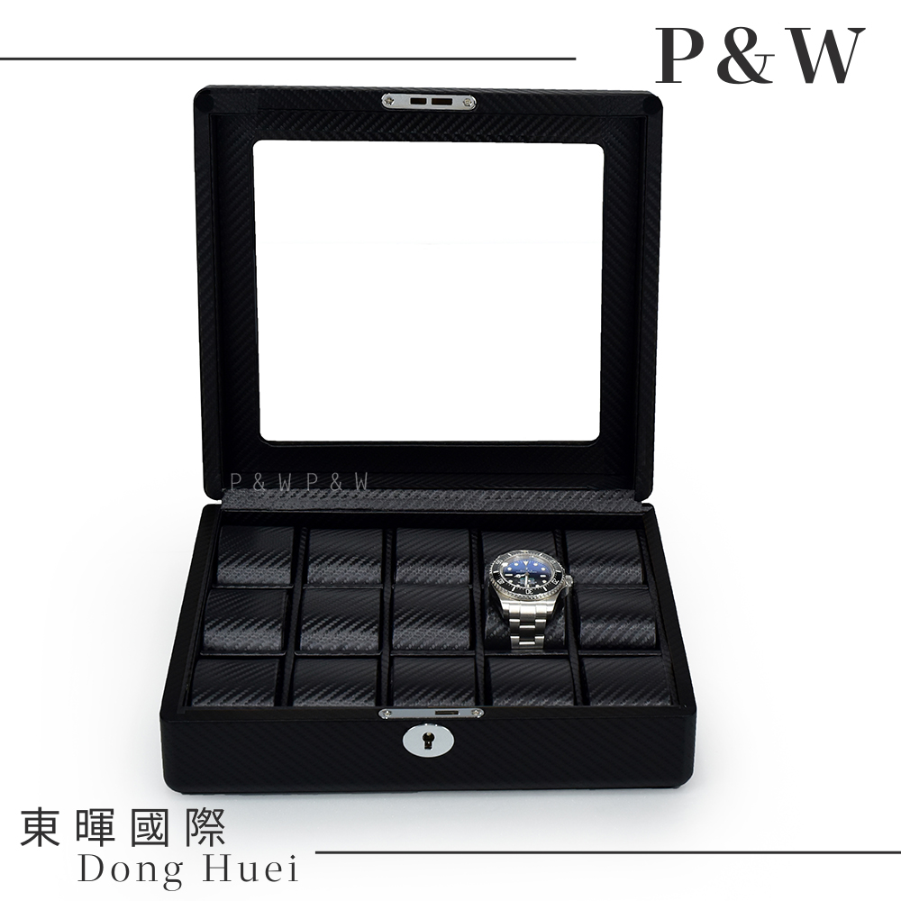 【P&W名錶收藏盒】【玻璃鏡面】碳纖維紋 手工精品 15只裝錶盒