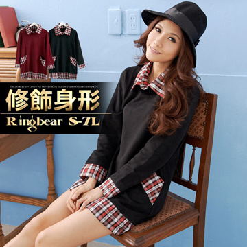 [S-7L熊衣褲語學院風味．A126格紋造型修身款假兩件長上衣/洋裝(黑、紅S-2L)