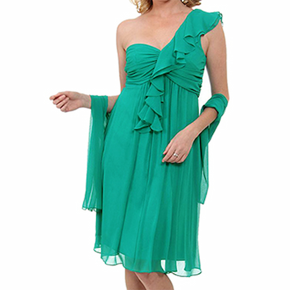 『摩達客』美國進口Landmark單邊荷葉袖浪漫紗裙翠綠派對小禮服/洋裝(含禮盒/附絲巾)