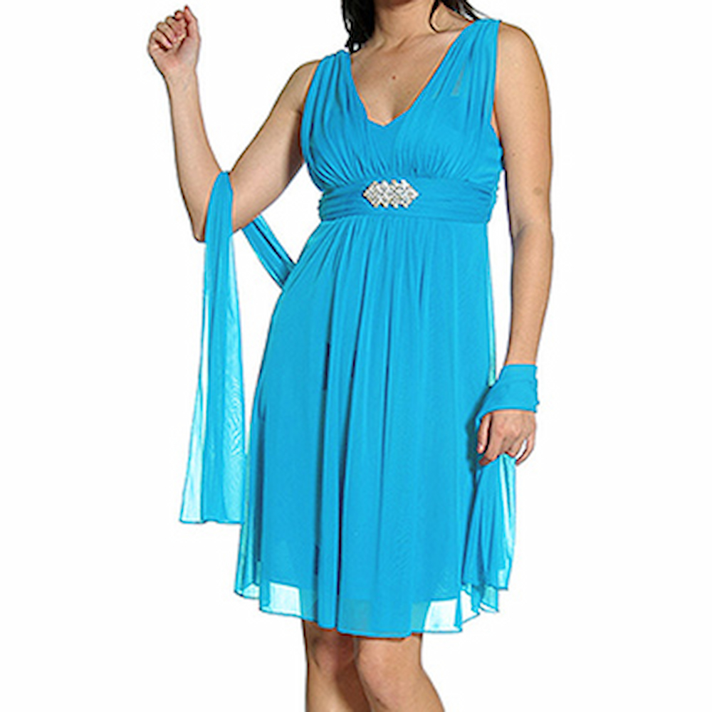 『摩達客』美國進口Landmark 皇家V領浪漫優雅藍色及膝紗裙派對小禮服/洋裝(含禮盒/附絲巾)
