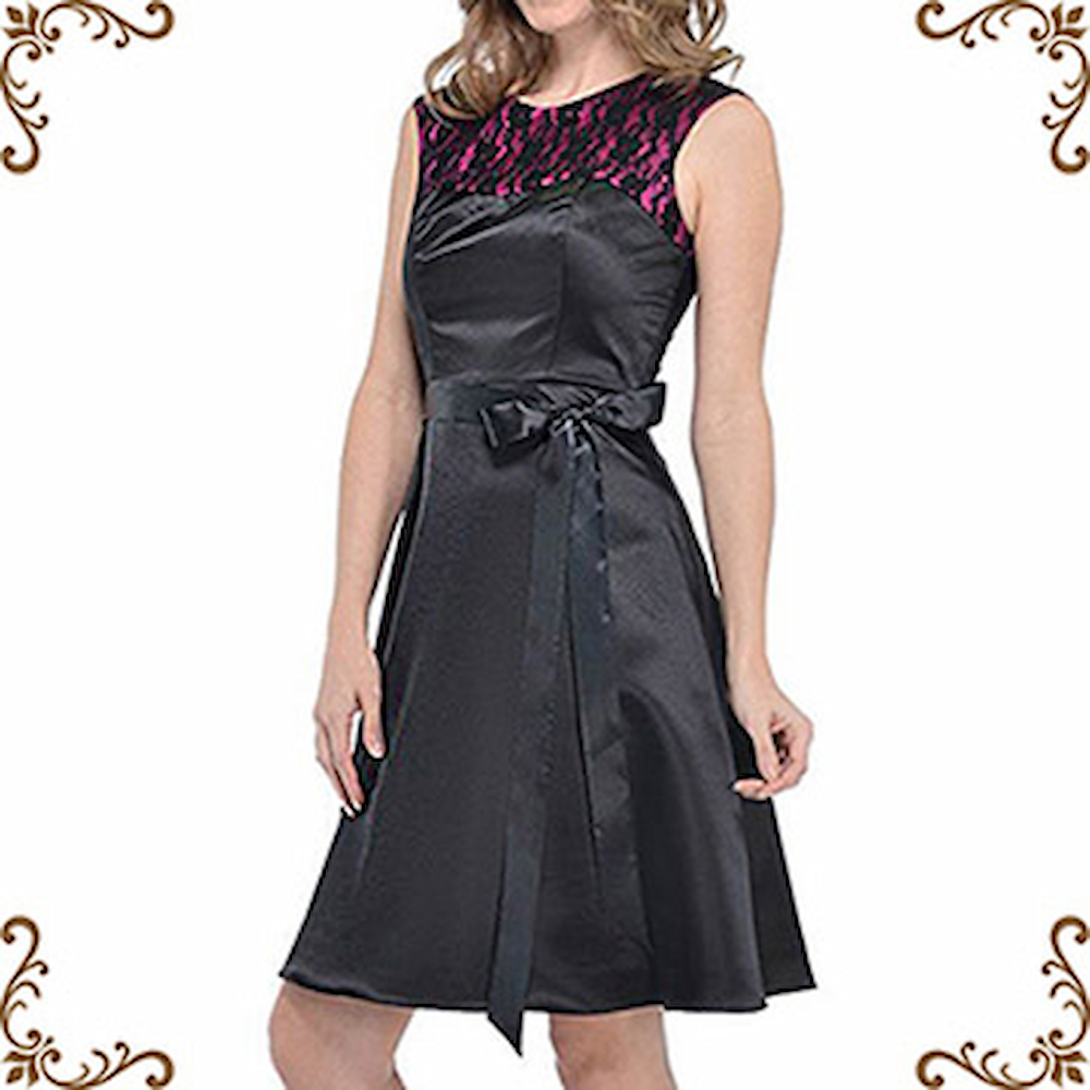 『摩達客』美國進口Landmark蕾絲黑紫色系緞面裙浪漫派對小禮服/洋裝(含禮盒)附絲巾)