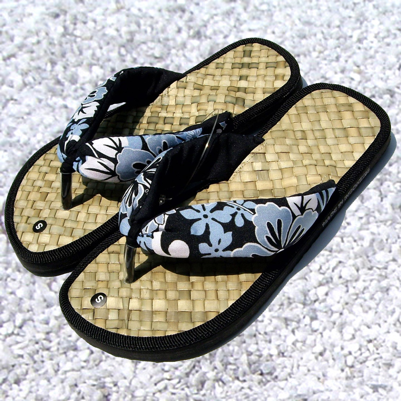 夏威夷風情手工草編拖鞋-黑色夾腳
