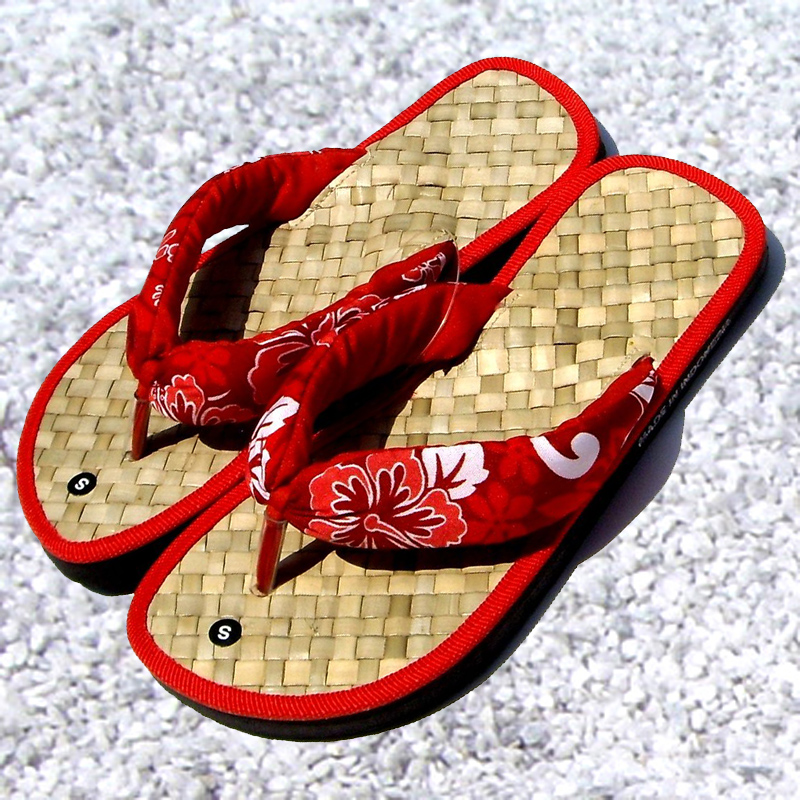 夏威夷風情手工草編拖鞋-紅色夾腳