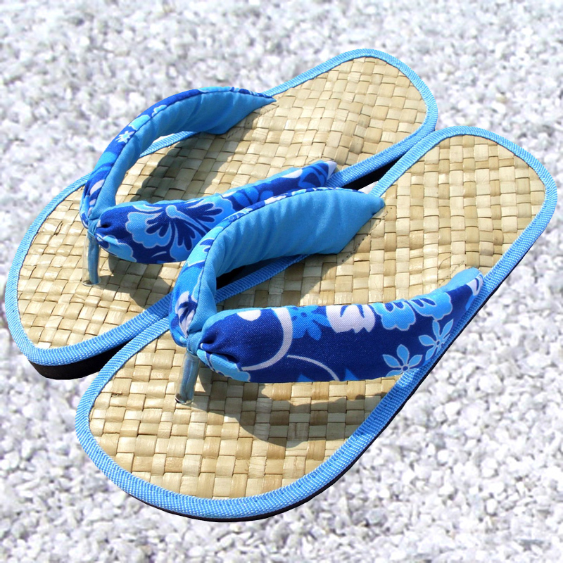 夏威夷風情手工草編拖鞋-藍色夾腳