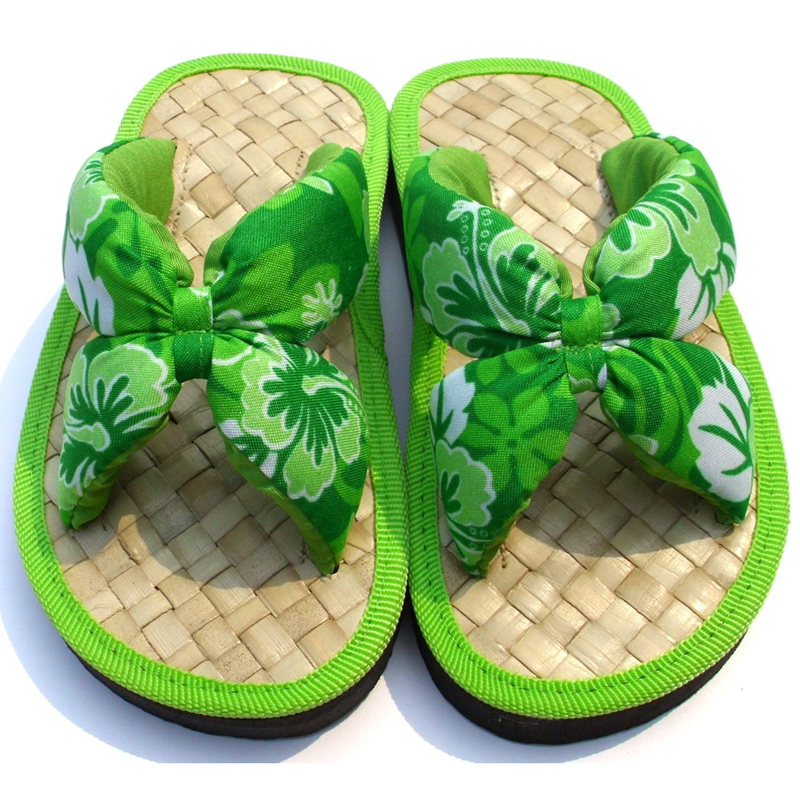 夏威夷風情-兒童手工草編拖鞋-綠色套式