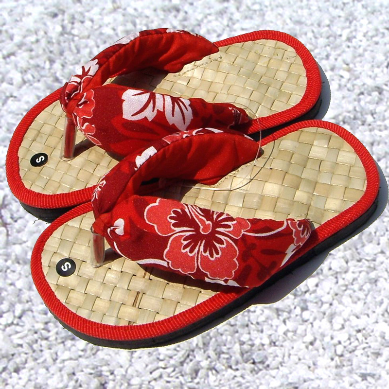 夏威夷風情-兒童手工草編拖鞋-紅色夾腳