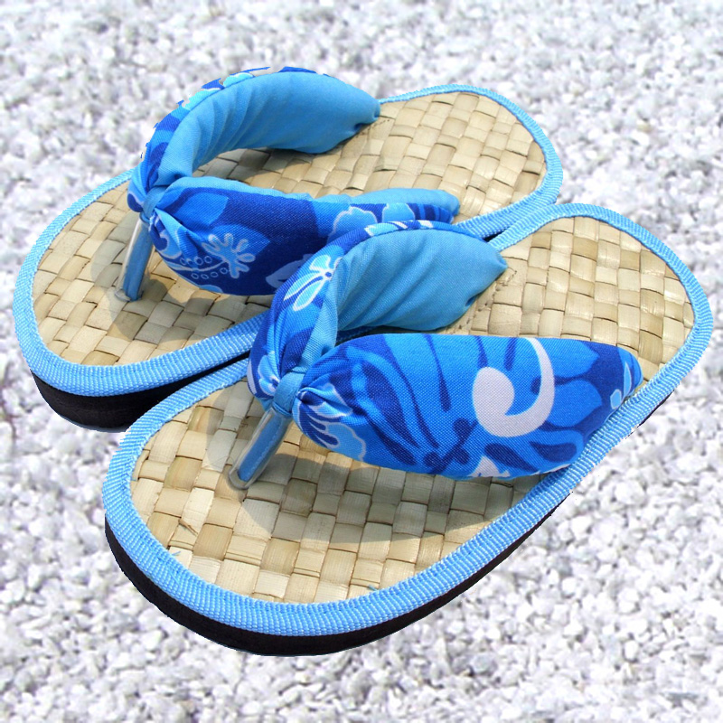夏威夷風情-兒童手工草編拖鞋-藍色夾腳