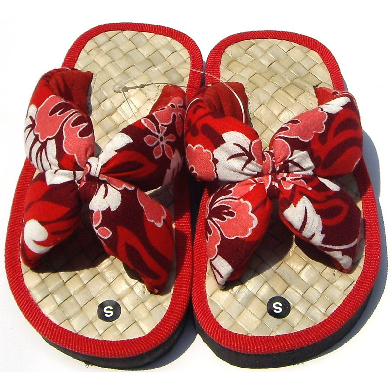 夏威夷風情-兒童手工草編拖鞋-紅色套式