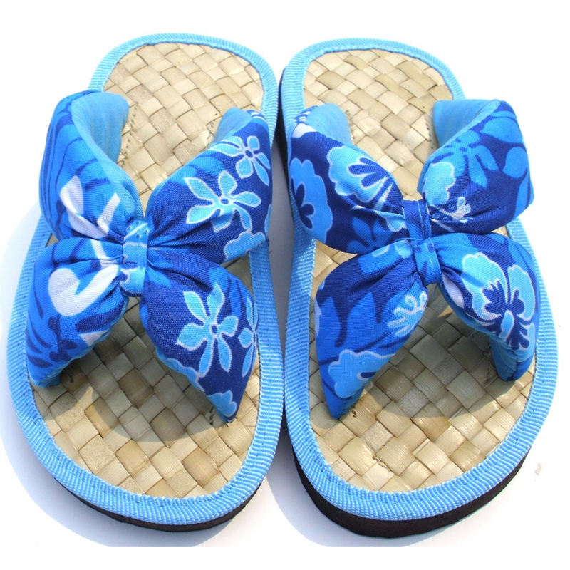 夏威夷風情-兒童手工草編拖鞋-藍色套式