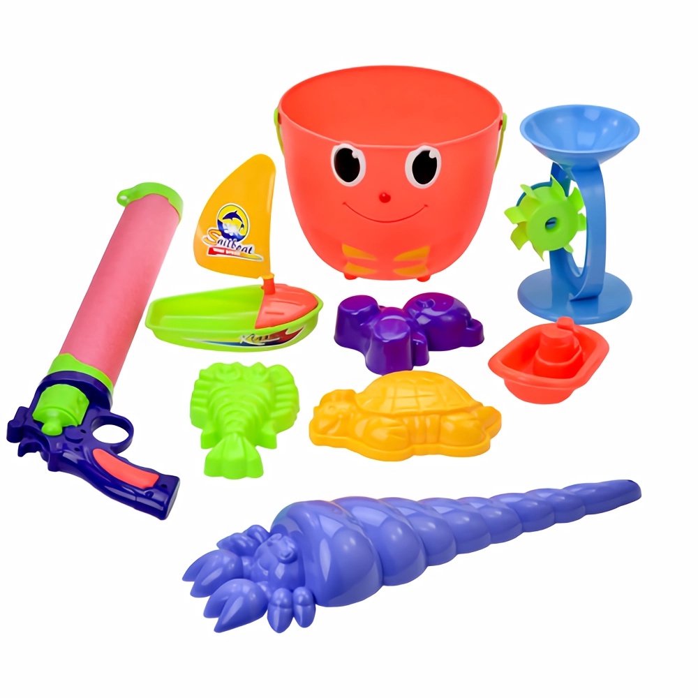 【戲水組合】伸縮吸取式左輪造型水槍+沙灘戲水玩具8件組（顏色隨機出貨）
