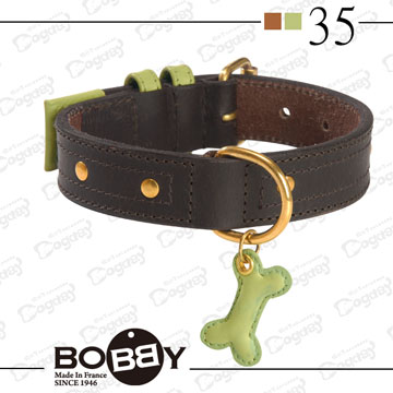 狗日子《Bobby》都會皮革項圈 質感骨頭皮製吊飾-35cm中小型犬-駝色、芥綠