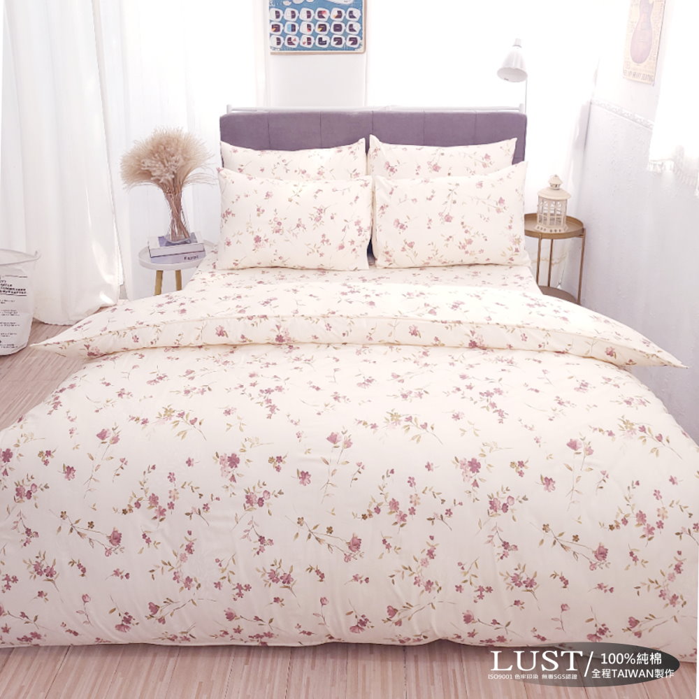 LUST生活寢具【法式玫瑰】100%精梳純棉、雙人5尺床包/枕套組 【台灣製】