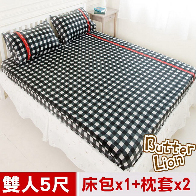 【奶油獅】格紋系列-台灣製造-100%精梳純棉床包三件組(黑)－雙人5尺