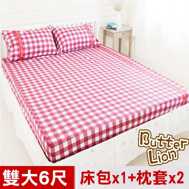 【奶油獅】格紋系列-台灣製造-100%精梳純棉床包三件組(紅)－雙人加大6尺