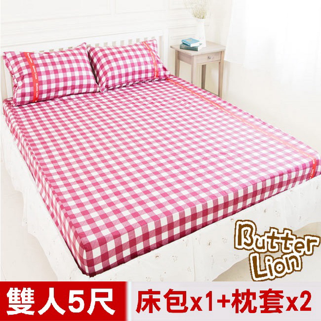 【奶油獅】格紋系列-台灣製造-100%精梳純棉床包三件組(紅)－雙人5尺